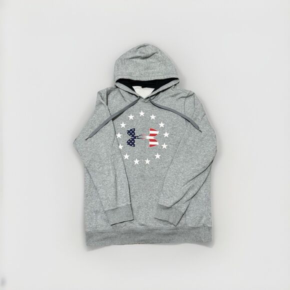 Under Armour Hoodie Womens Small Gray American Flag Pullover Hooded Logo Large - Picture 1 of 4